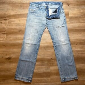 Diesel Bumix Jeans Men 32x30 Light Wash Blue Straight Leg Distressed Button Fly